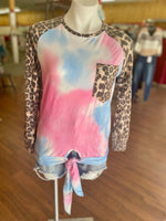 Yvonne Tie-Dye Tie Front with Leopard Accent Long Sleeves and Pocket