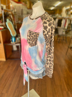 Yvonne Tie-Dye Tie Front with Leopard Accent Long Sleeves and Pocket