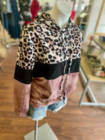 Muriel Leopard Colorblock Hooded Long Sleeve with Front Pocket