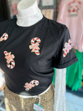 Brandi Sequined Candy Cane Patched Holiday Top