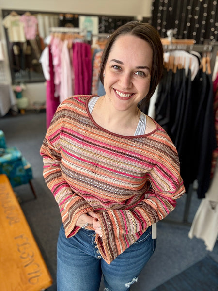 Marlene Boho Striped Knit Bell Sleeve Top