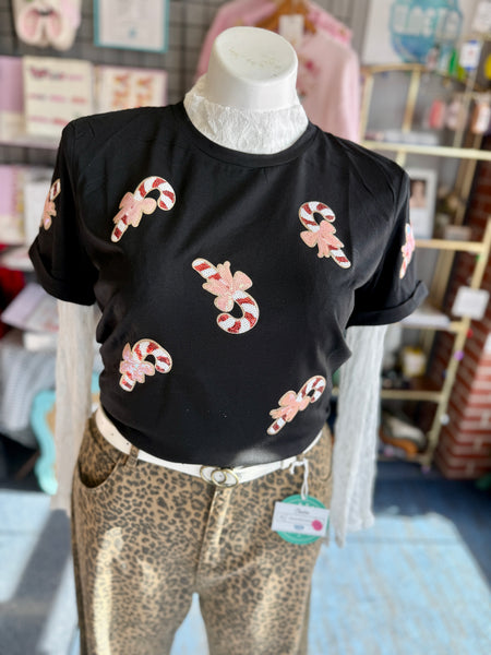 Brandi Sequined Candy Cane Patched Holiday Top