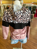 Muriel Leopard Colorblock Hooded Long Sleeve with Front Pocket