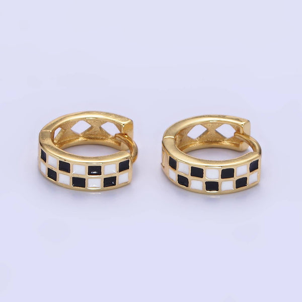 Jazmine Gold Filled Checkered Enamel Huggie Earrings